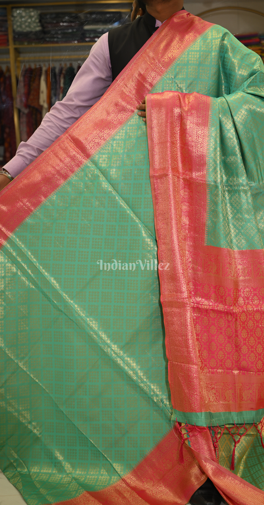 Sea Green Red Pure Tissue Kanjivaram Silk Saree