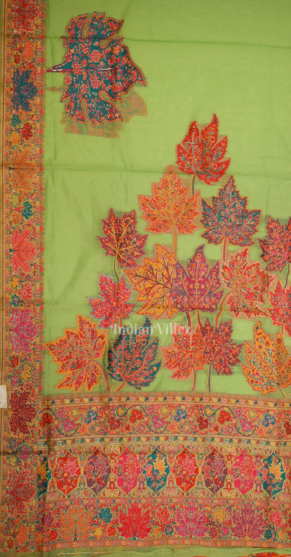 Parrot Green Tree of Life Pure Kashmiri Cotton Pashmina Saree