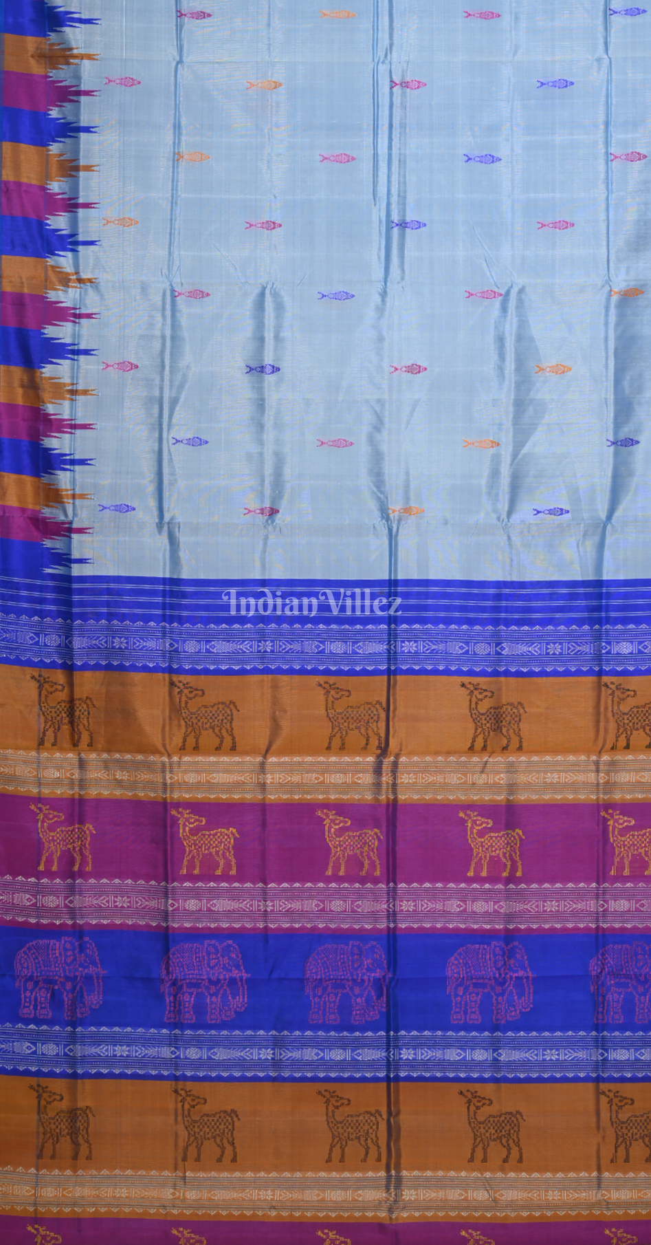 Sky Blue Fish Motif Double Pallu Berhampuri Silk Saree 