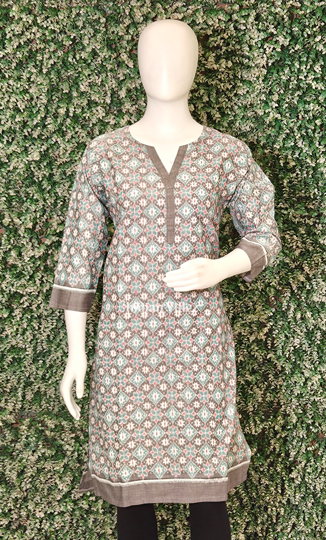 Grey Sea Green Floral Motif Odisha Ikat Designer Cotton Kurti for Women 