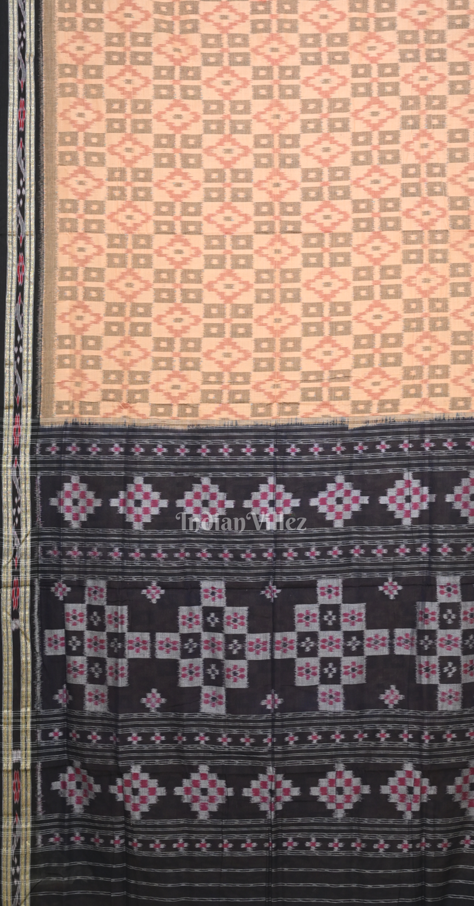 Beige Black Odisha Ikat Sambalpuri Cotton Saree with Pasapali Anchal
