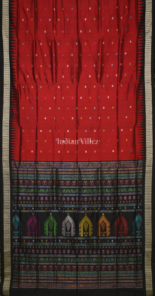 Maroon Red Black Dolabedi Odisha Ikat Bomkai Sambalpuri  Silk Saree 