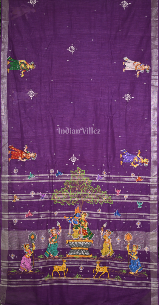 Purple Krishna Raas Leela Hand-Painted Pattachitra Saree