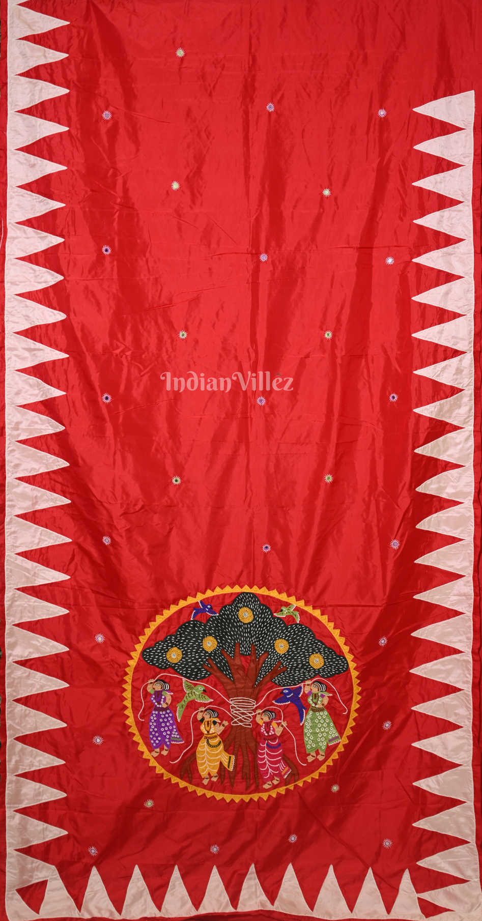 Red Vat Savitri Theme Hand Embroidered Applique Work Saree 