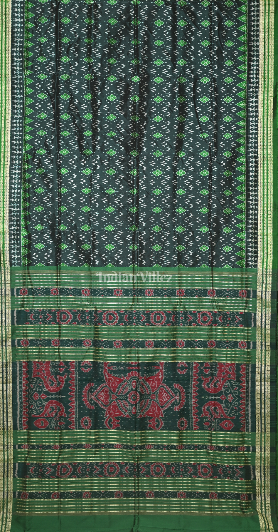 Bottle Green Black Tribal Motif Odisha Ikat Sambalpuri Silk Saree 