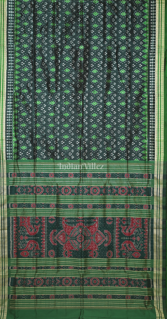 Bottle Green Black Tribal Motif Odisha Ikat Sambalpuri Silk Saree 