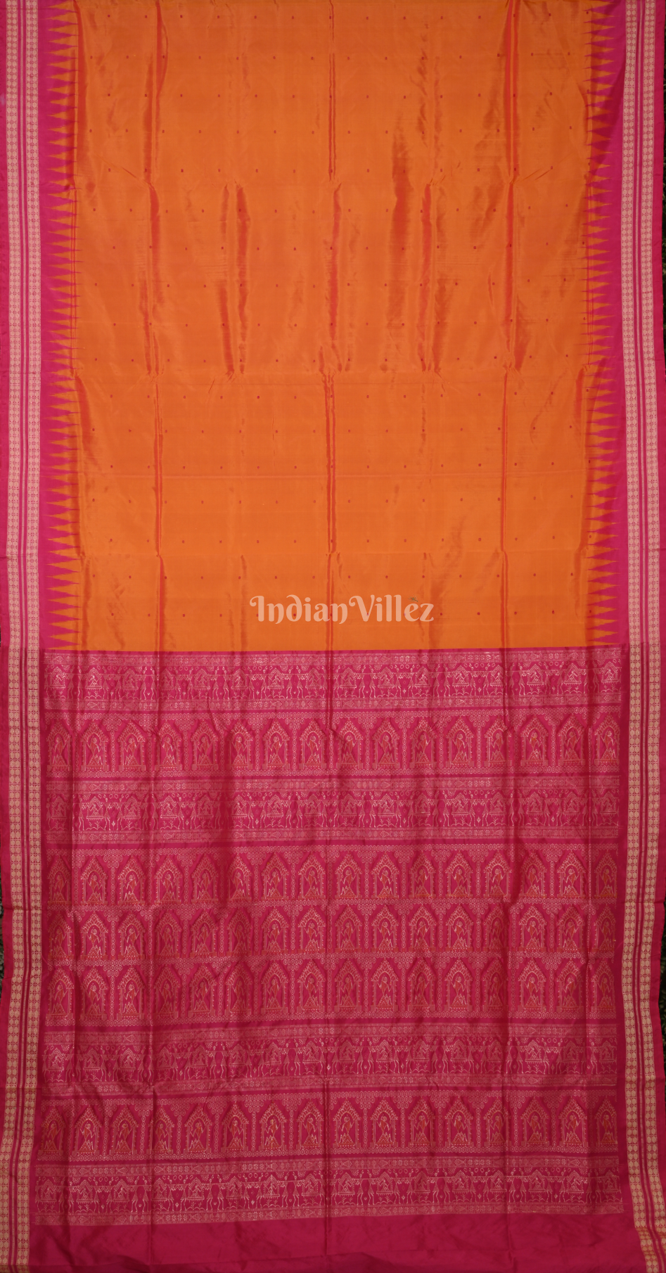 Orange Rani Pink Buti Design Odisha Ikat Bomkai Silk Saree 