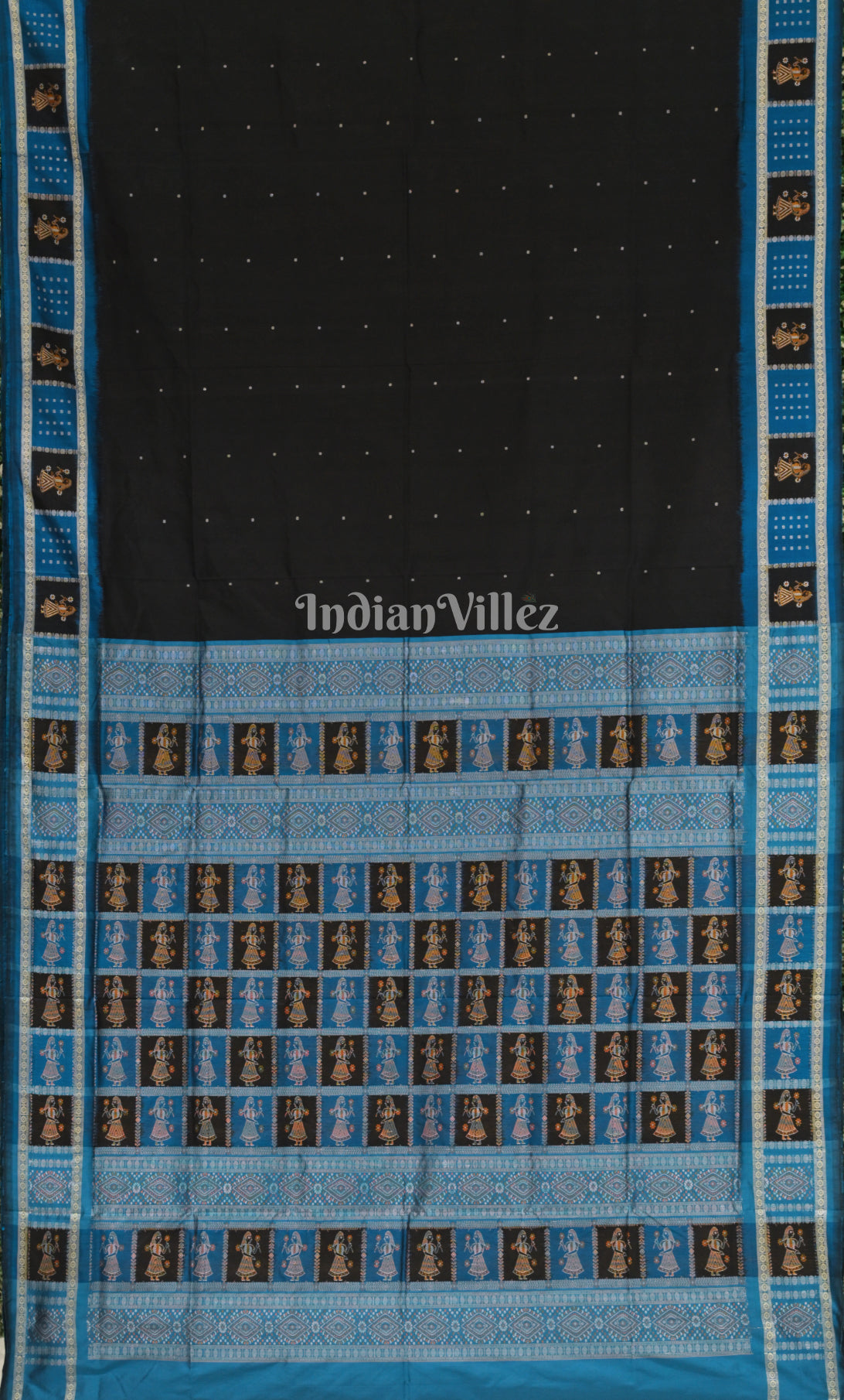 Black Blue Odisha Ikat Bomkai Sambalpuri Silk Saree with Doll Aanchal 