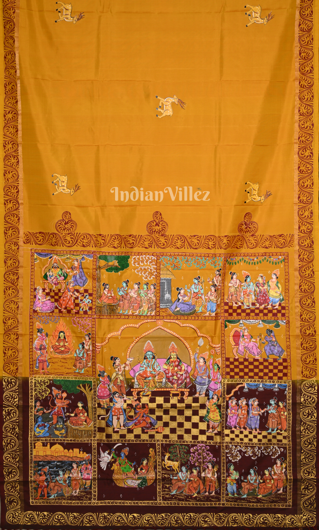 Mustard Yellow Maroon Ramayan Theme  Hand-Painted Pattachitra Saree 