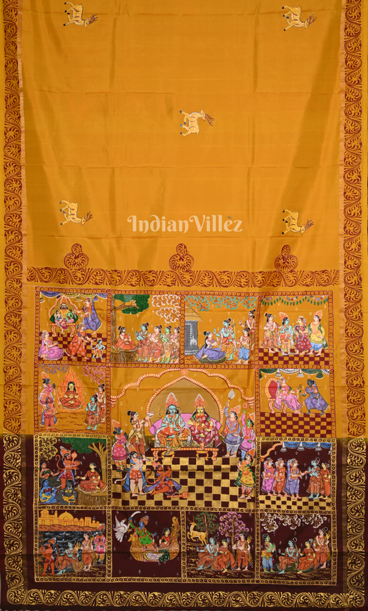 Mustard Yellow Maroon Ramayan Theme  Hand-Painted Pattachitra Saree 