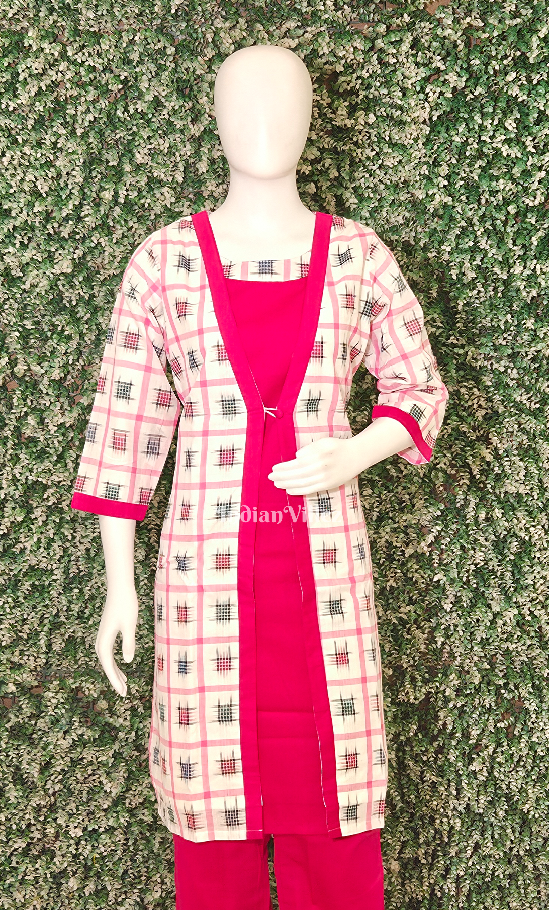 White Pink Aswini Odisha Ikat Designer Cotton Kurti Set with Jacket-