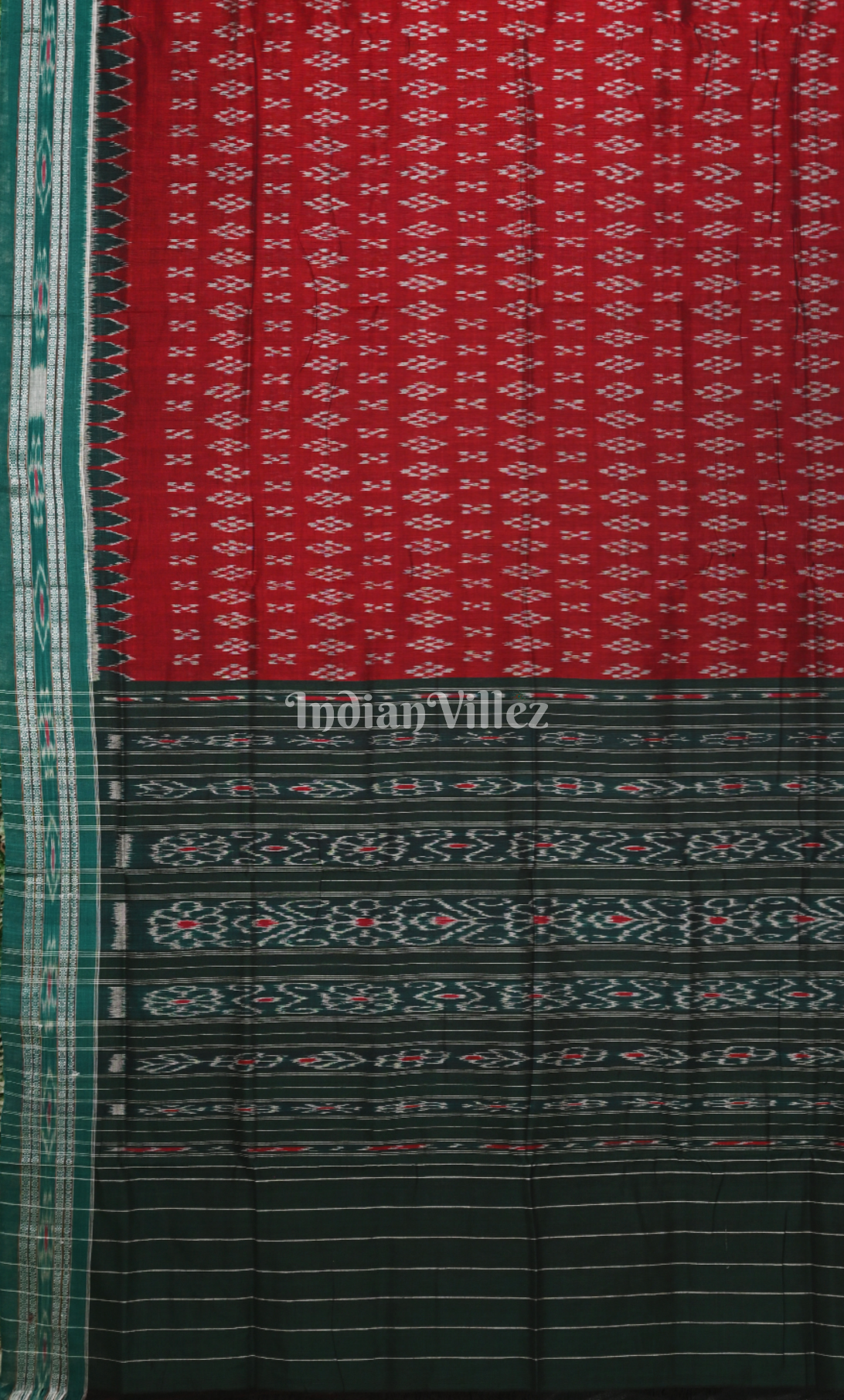 Red Green Pasapali Odisha Ikat Maniabandha Cotton Saree 