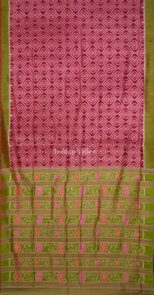 Raspberry Pink Green Diamond Motif Odisha Ikat Contemporary Designer Silk Saree