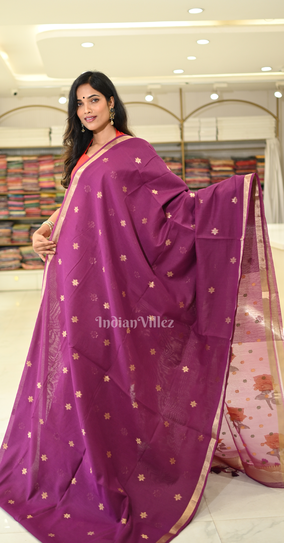 Purple Linen Saree with Yellow Floral Pallu