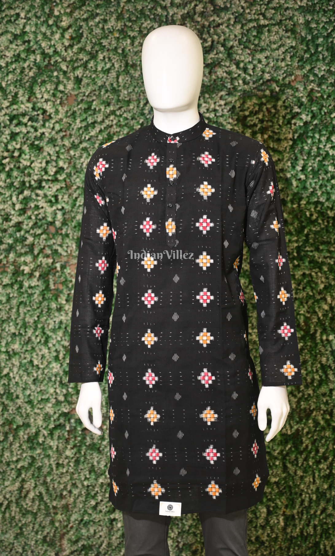 Black Pasapali Odisha Ikat Sambalpuri Cotton Kurta For Men