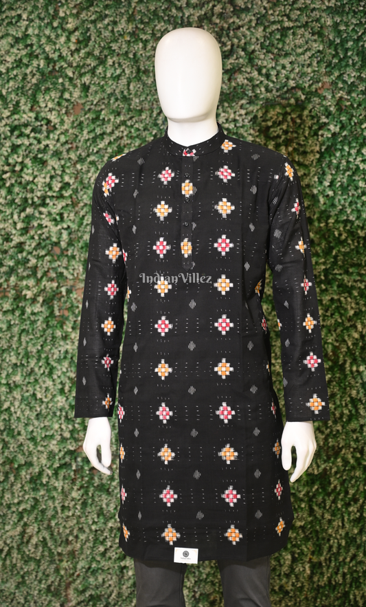 Black Pasapali Odisha Ikat Sambalpuri Cotton Kurta For Men