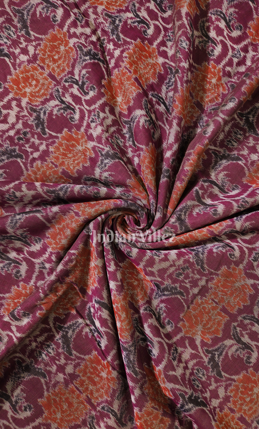 Purple Wine Rose Motif Odisha Ikat Sambalpuri Cotton Fabric