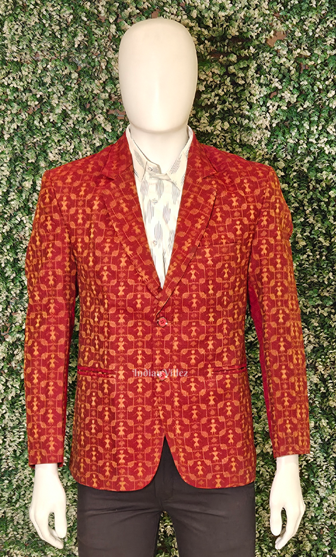 Maroon Red Tribal Theme Odisha Ikat Men's Designer Blazer