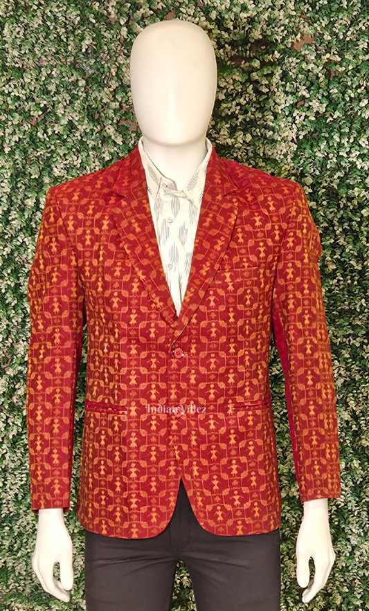 Maroon Red Tribal Theme Odisha Ikat Men's Designer Blazer