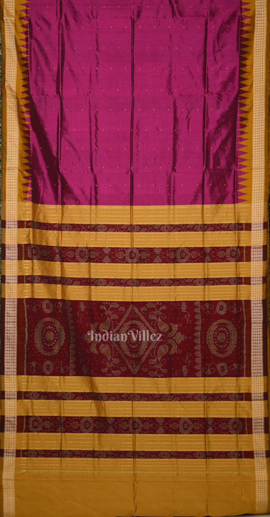 Magenta Pink Mustard Yellow Buti Design Odisha Ikat Bomkai Silk Saree 