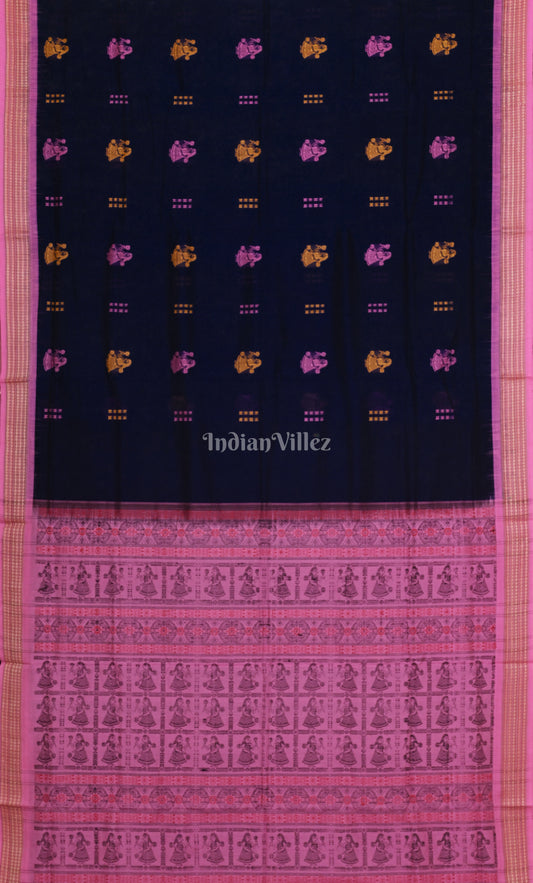 Blue Pink Doll Theme Odisha Ikat Bomkai Cotton Saree  