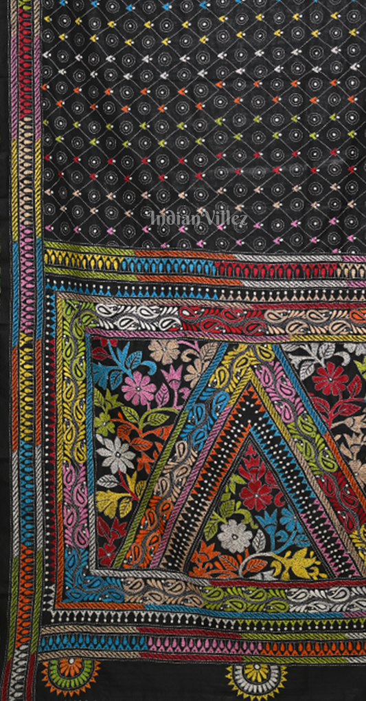 Black Handwoven Kantha Stitch Silk Saree