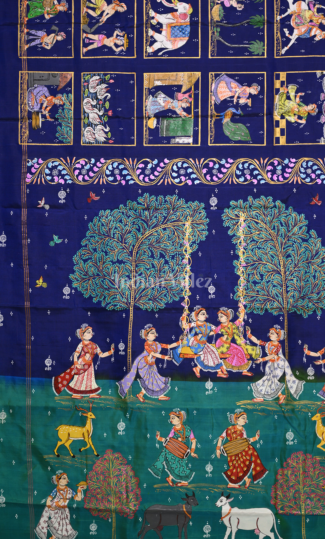Blue Green Krishna Raas Village Theme Hand- Painted Pattachitra Saree 