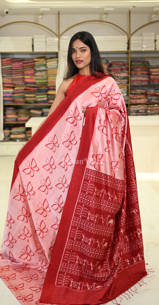 Peach Red Butterfly Theme Odisha Ikat Contemporary Designer Silk Saree