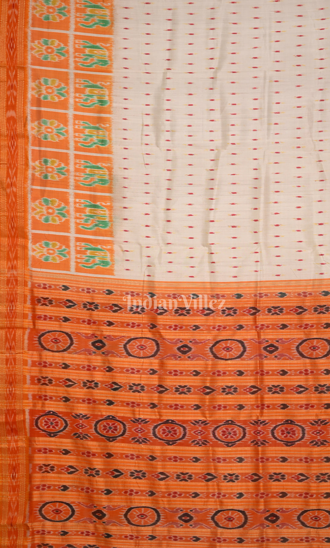 White Orange Dot Half Nabakothi Border Odisha Ikat Khandua Silk Saree 