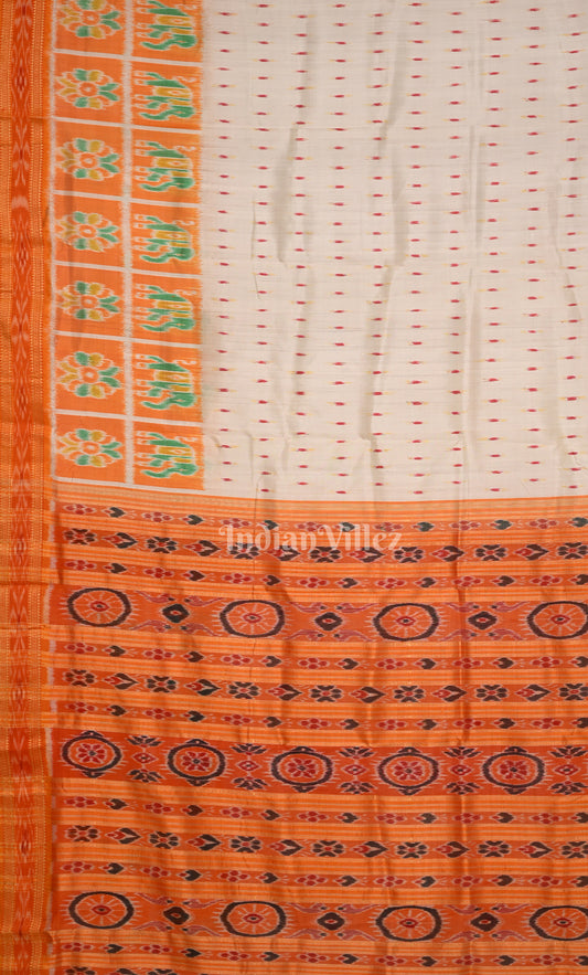 White Orange Dot Half Nabakothi Border Odisha Ikat Khandua Silk Saree 