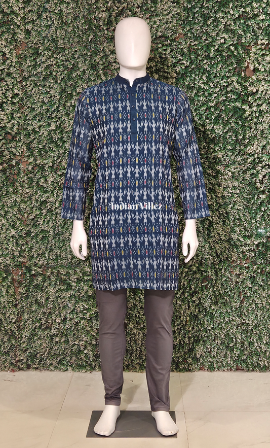 Blue Tribal Theme Odisha Ikat Cotton Kurta for Men 