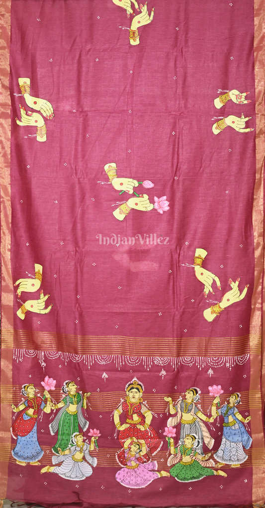 Magenta Pink Nartaki Mudra Theme Hand-Painted  Pattachitra Saree 