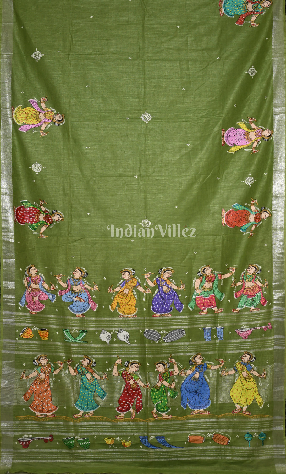 Mehendi Green Nartaki Theme Hand-Painted Pattachitra Saree