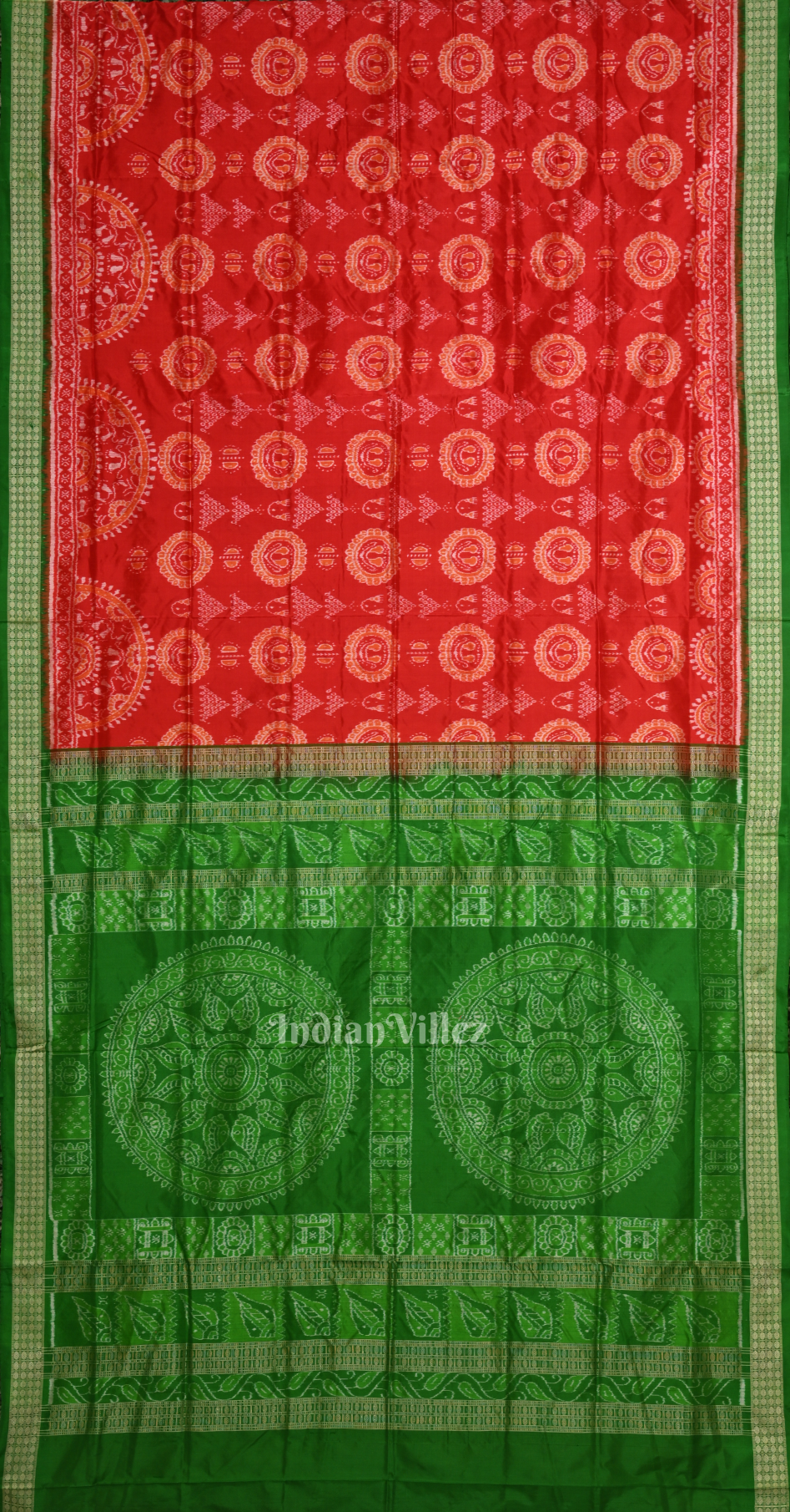 Red Green Embellished Laxmi Feet Design Odisha Ikat Sambalpuri Silk Saree