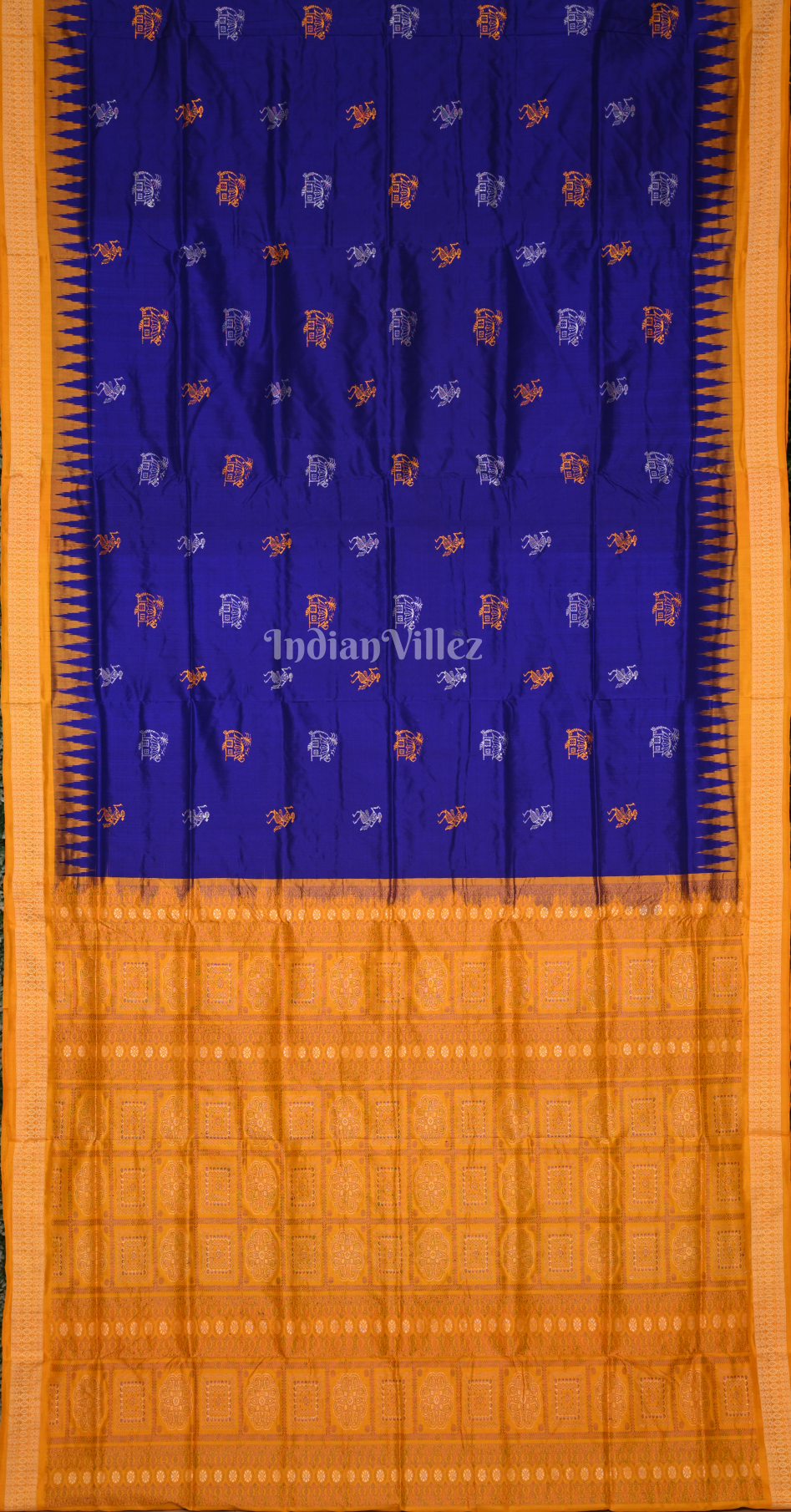 Blue Yellow Tribal Huts Design Odisha Ikat Bomkai Sambalpuri Silk Saree