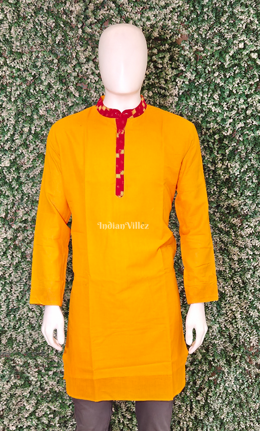 Mustard Yellow Red Odisha Ikat Cotton Kurta for Men