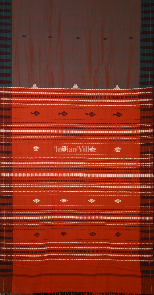 Teal Green Orange Stripes Odisha Handloom Natural Dye Kotpad Cotton Saree