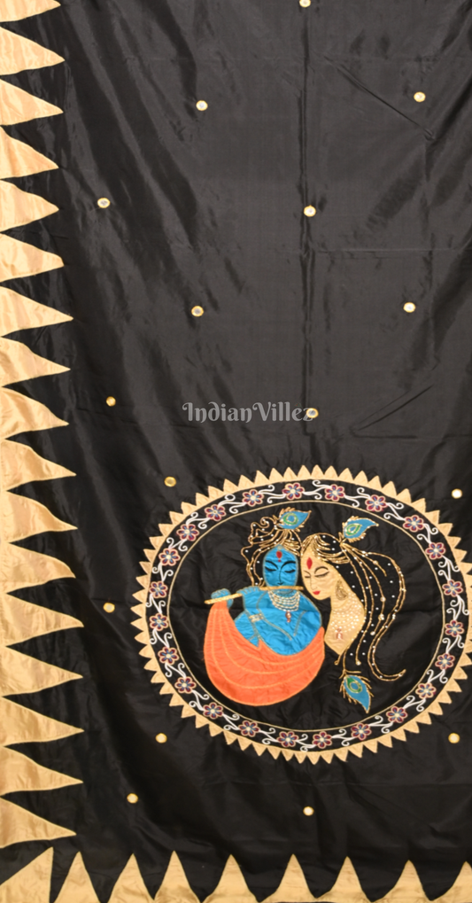 Black Golden Radha Krishna Theme Hand Embroidered Applique Work Saree 