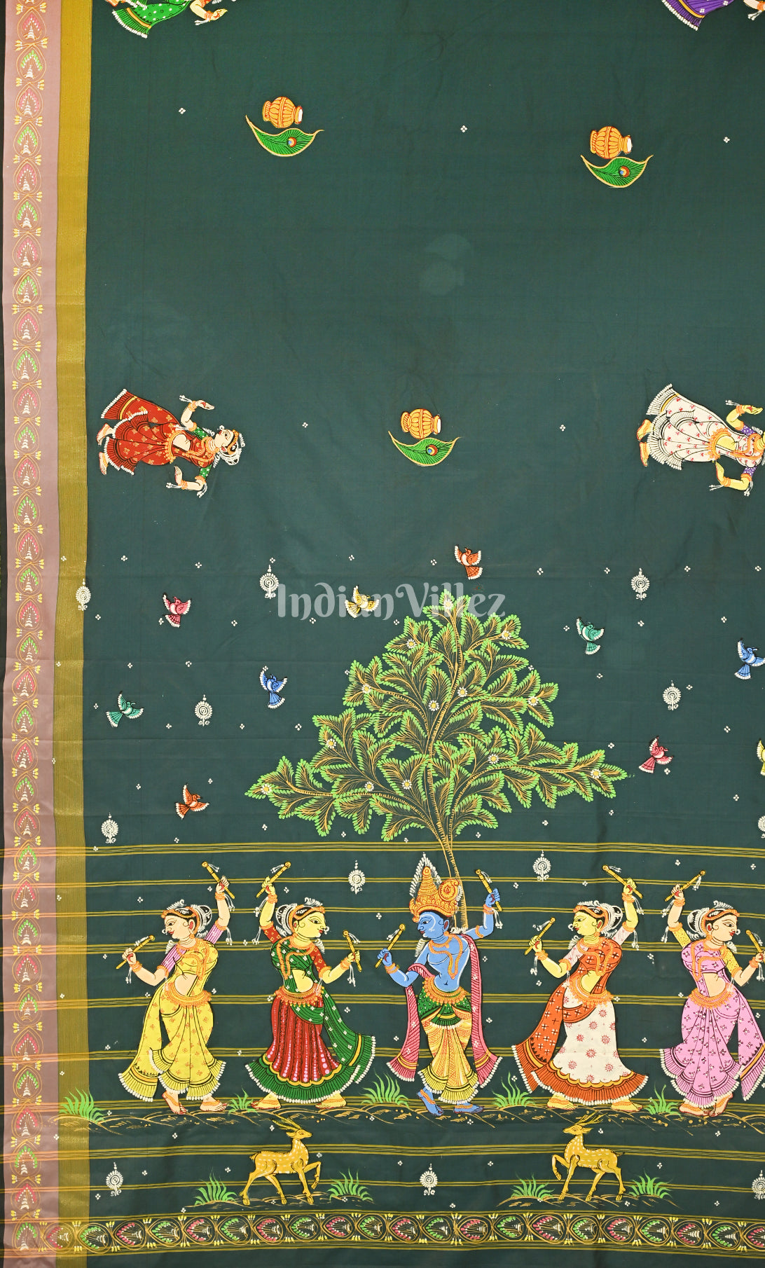 Bottle Green Krishna Raasleela Hand-Painted Pattachitra Saree 