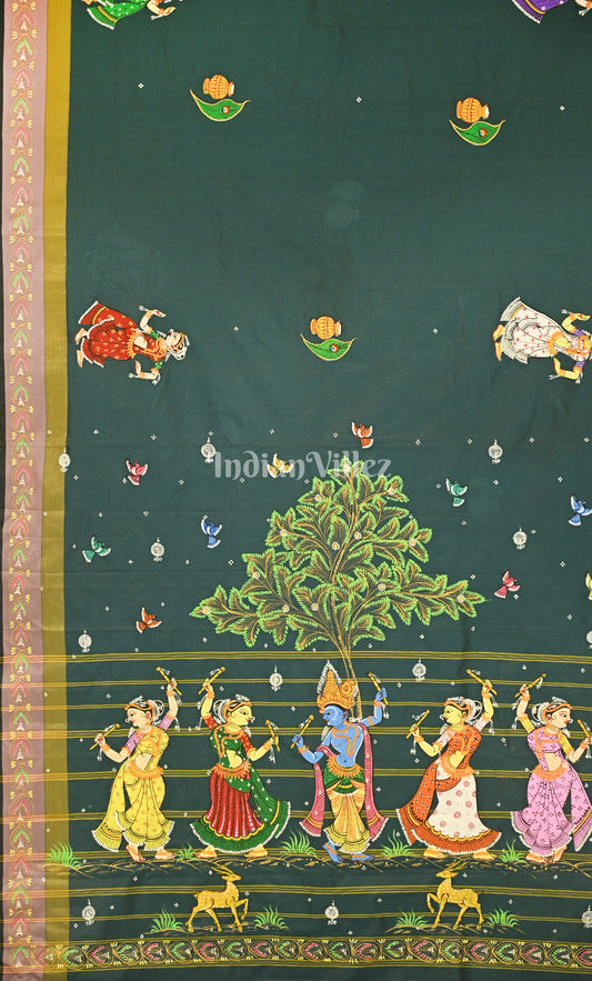 Bottle Green Krishna Raasleela Hand-Painted Pattachitra Saree 