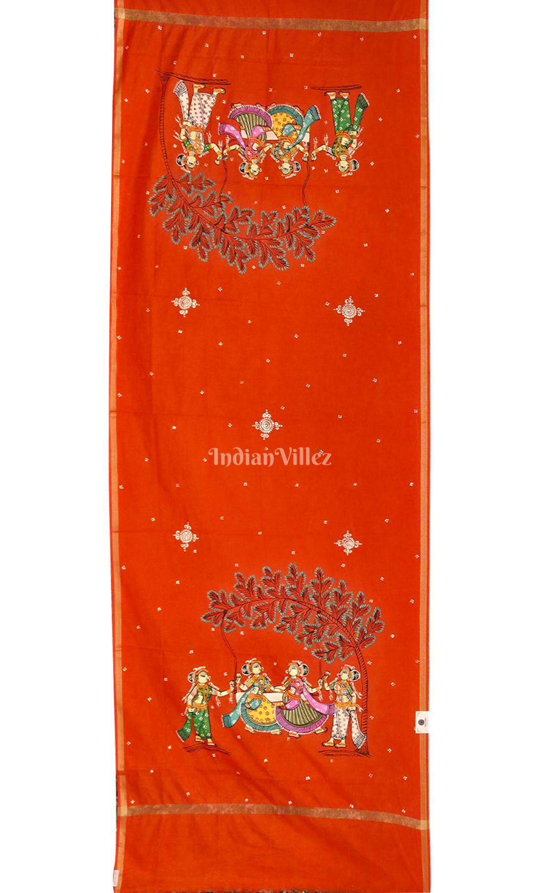 Orange Raja Doli Theme Hand-Painted Pattachitra Chanderi Dupatta 