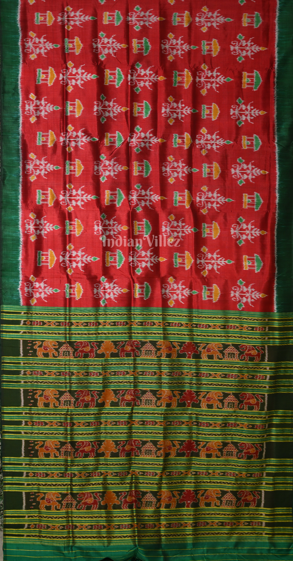Red Green Tribal Motif Contemporary Designer Silk Saree