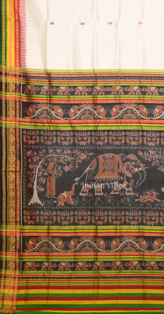 White Green Kathiphera Odisha Ikat Khandua Silk Saree with Elephant Motif Anchal 
