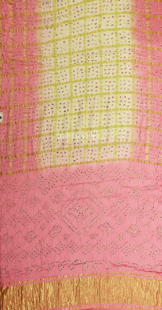 White Pink Bandhani Bandhej Gharchola Gaji Silk Saree with Zari Work