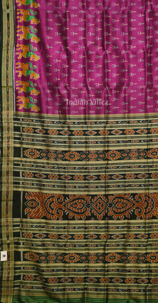 Magenta Pink Black Tribal Theme Odisha Ikat Khandua Silk Saree