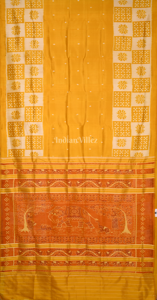 Mustard Yellow Pasapali Scot Contemporary Designer Silk Saree with Elephant Anchal
