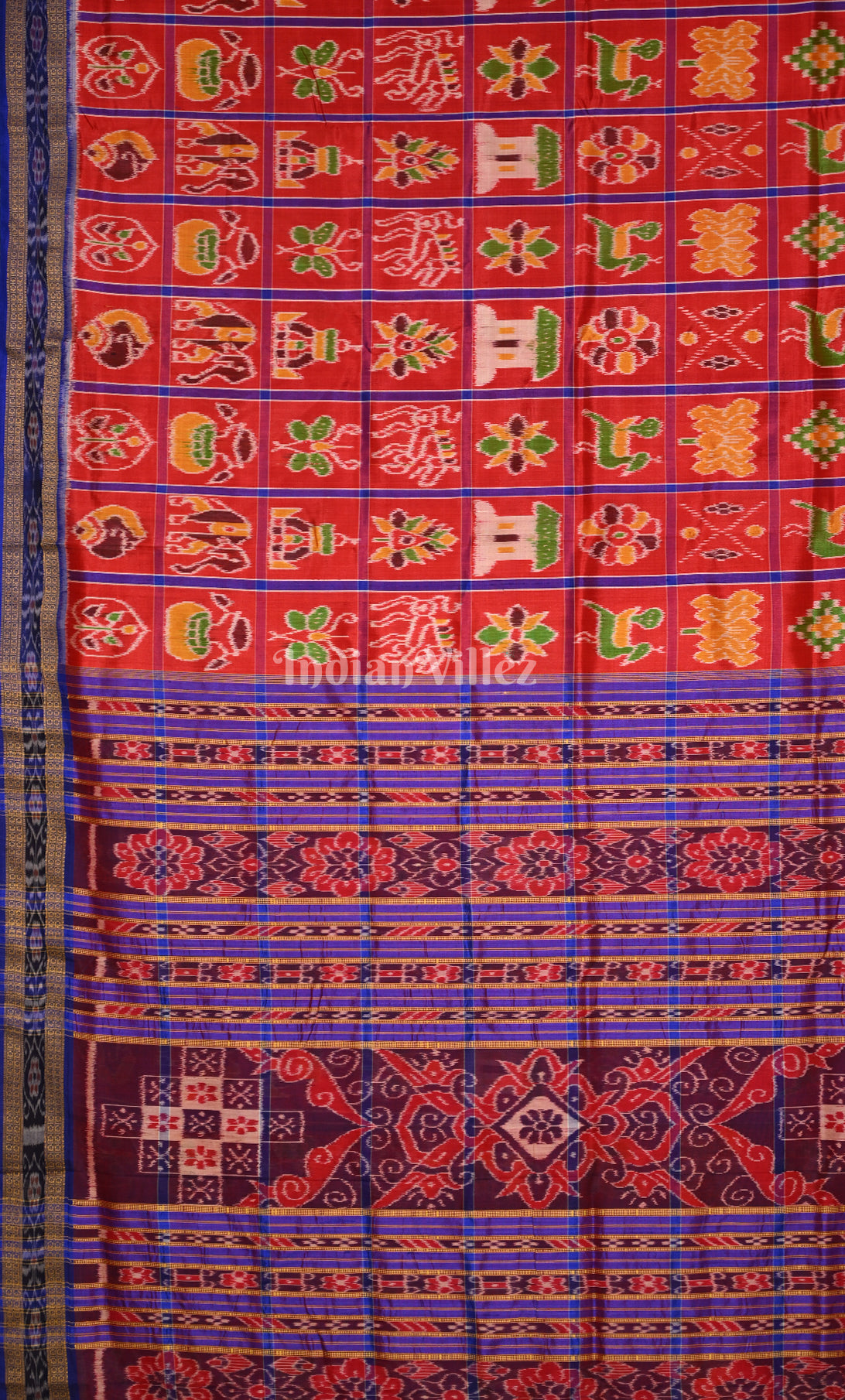 Red Blue Nabakothi Odisha Ikat Khandua Silk Saree 