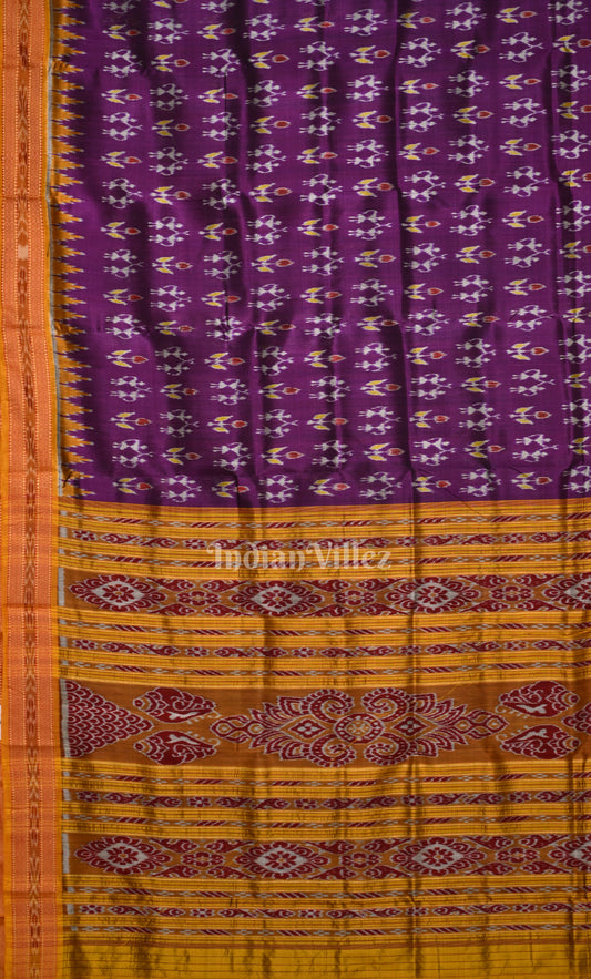 Purple Mustard Yellow Tribal Theme Odisha Ikat Khandua Silk Saree 