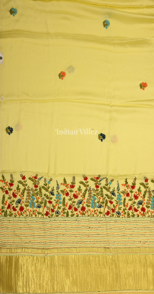 Lime Yellow Kutch Embroidery Work Gaji Silk Saree