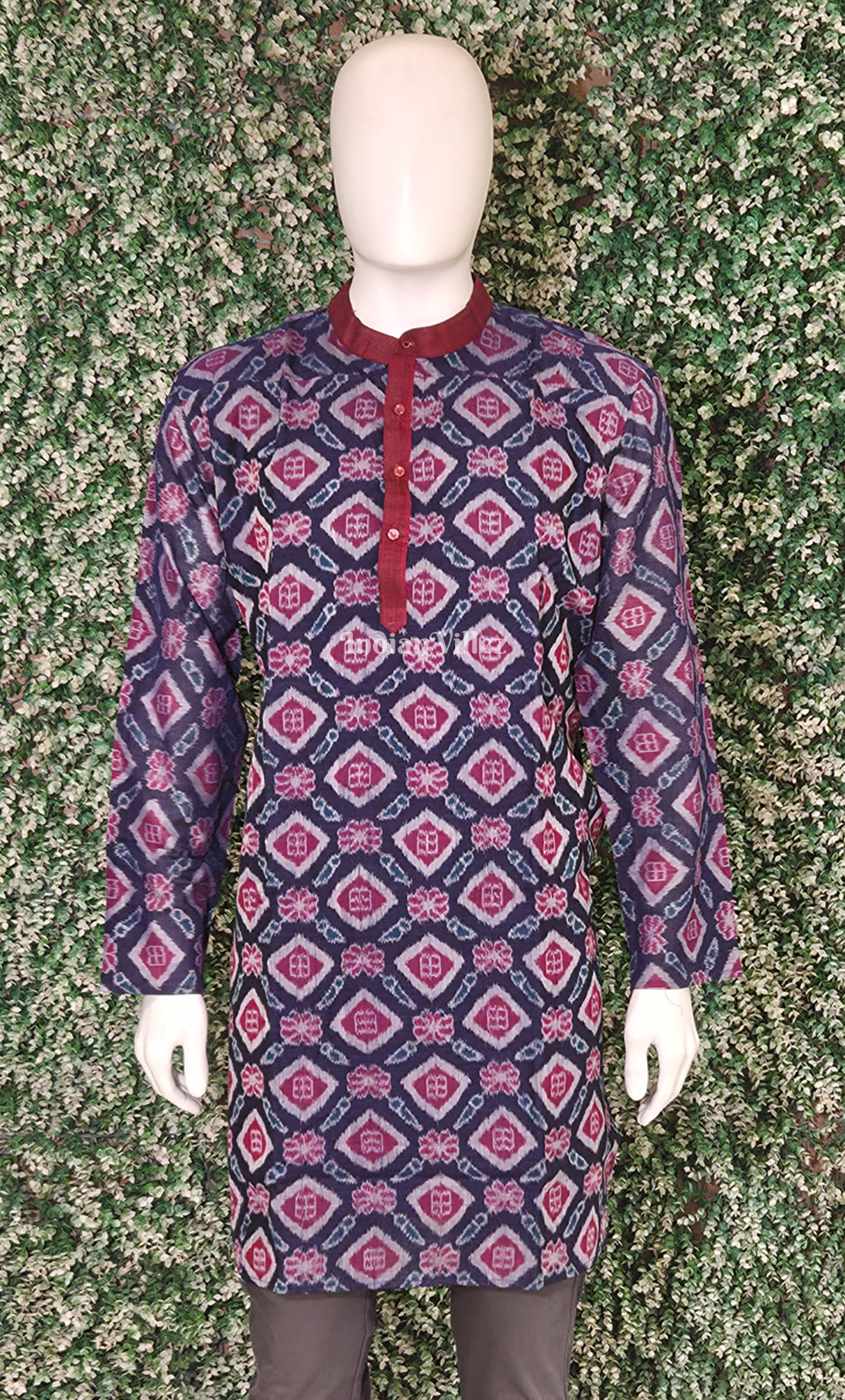 Blue Magenta Pink Flower Motif Odisha Ikat Cotton Kurta for Men